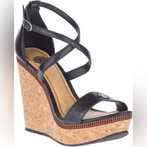 Harley Davidson - Corlett Black Leather Strappy Wedge Cork Platform Sandal SZ 11